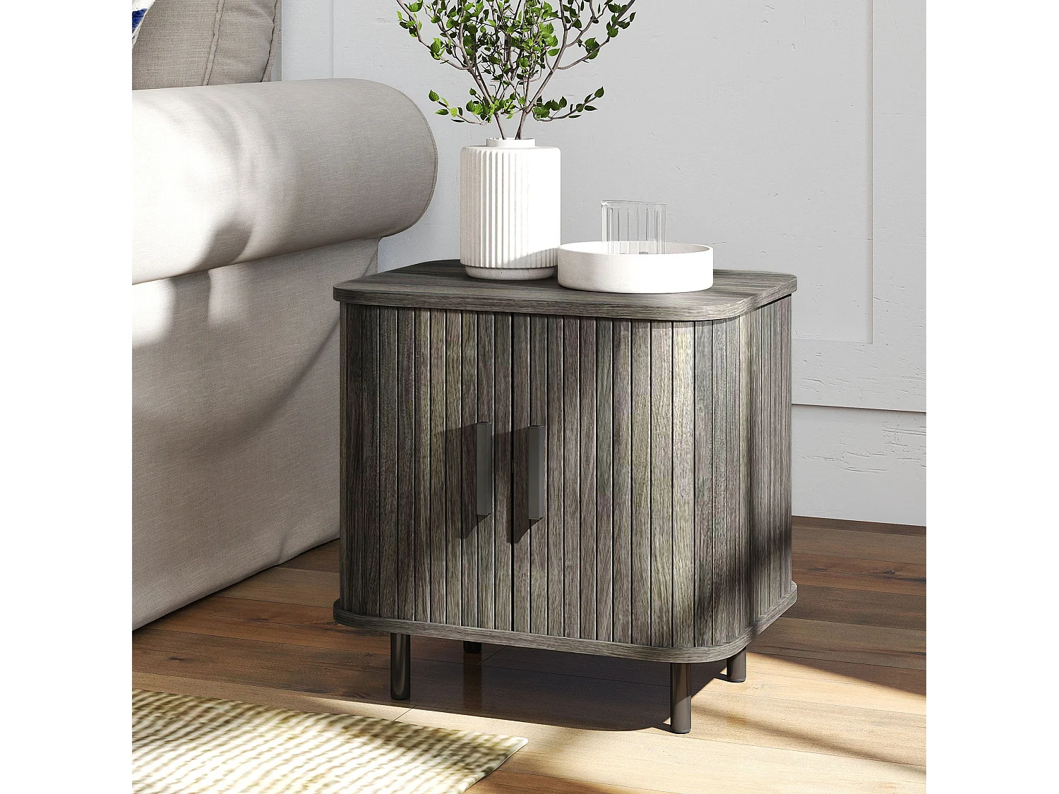 Pasaba Grey Nordic Bedside Table Tambour Sliding Door Two Tier Storage Metal Legs