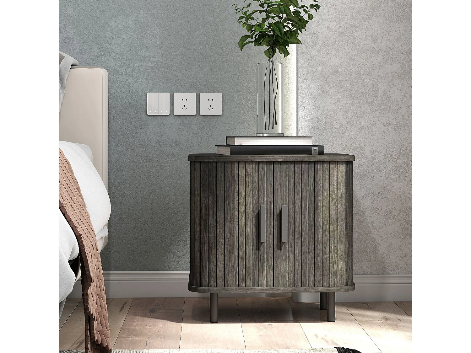Pasaba Grey Nordic Bedside Table Tambour Sliding Door Two Tier Storage Metal Legs
