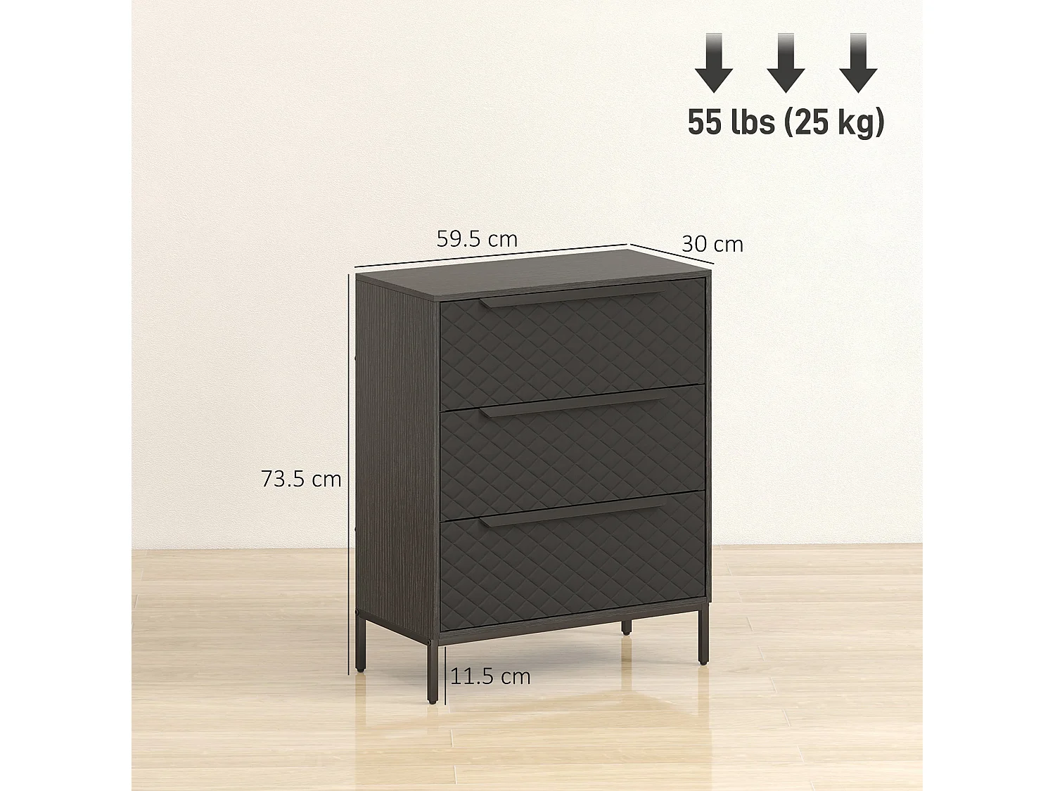 Salimo 3 Drawer Fabric Dresser Black Metal Base