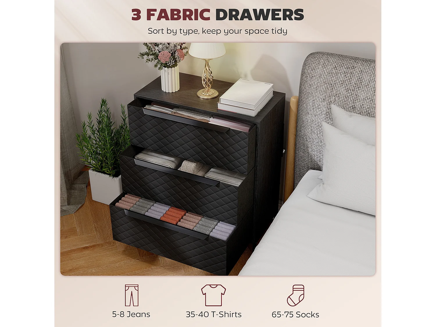 Salimo 3 Drawer Fabric Dresser Black Metal Base