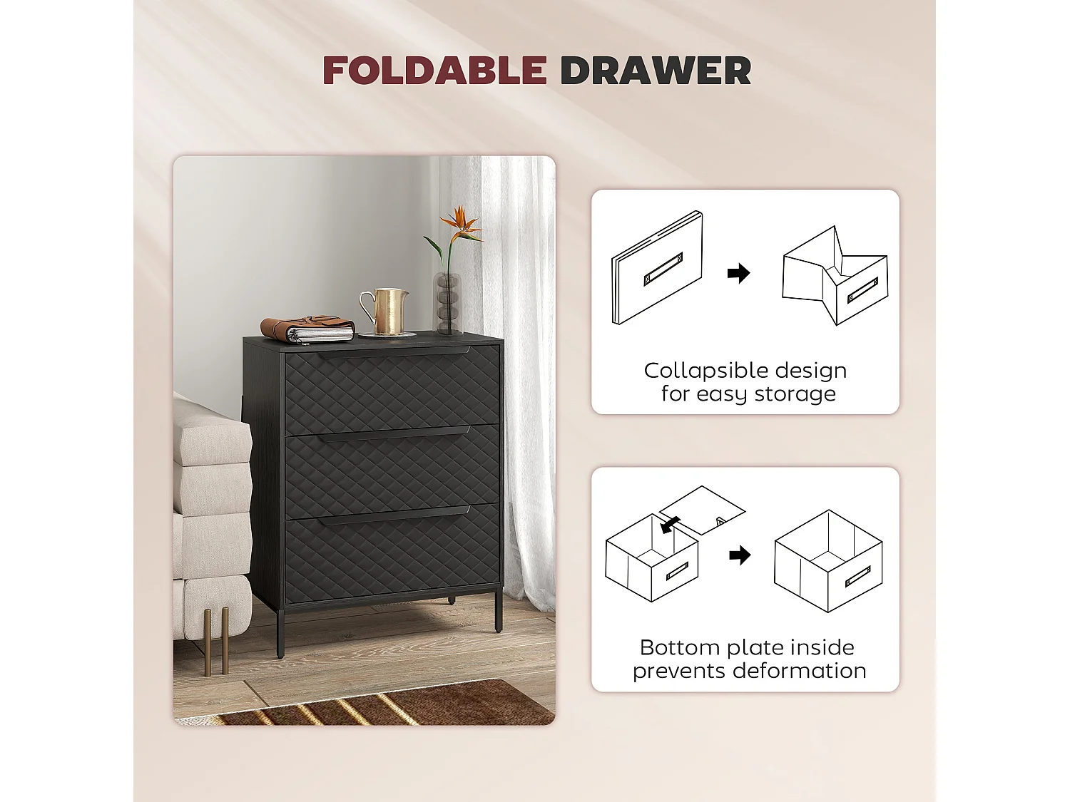 Salimo 3 Drawer Fabric Dresser Black Metal Base