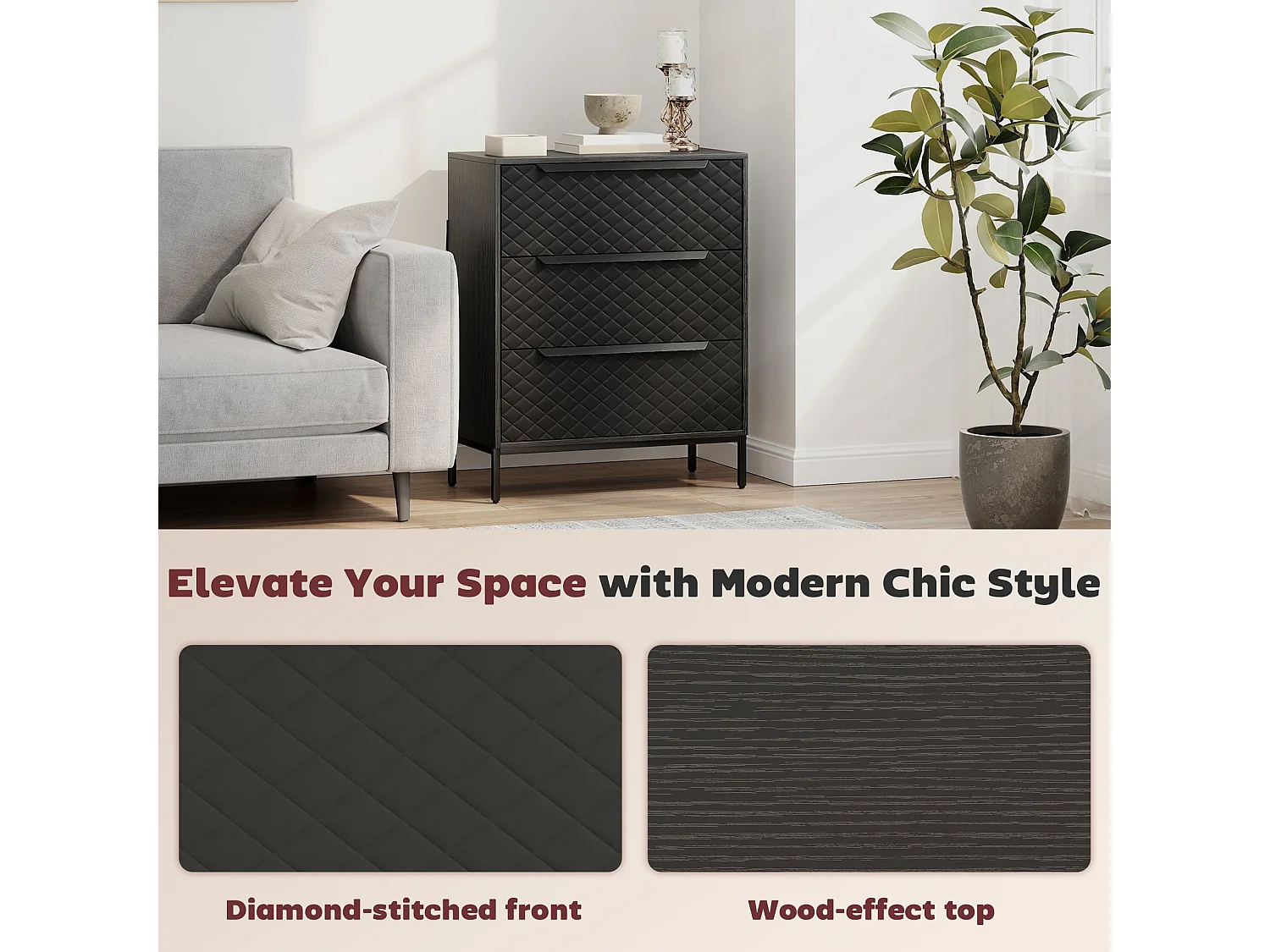 Salimo 3 Drawer Fabric Dresser Black Metal Base