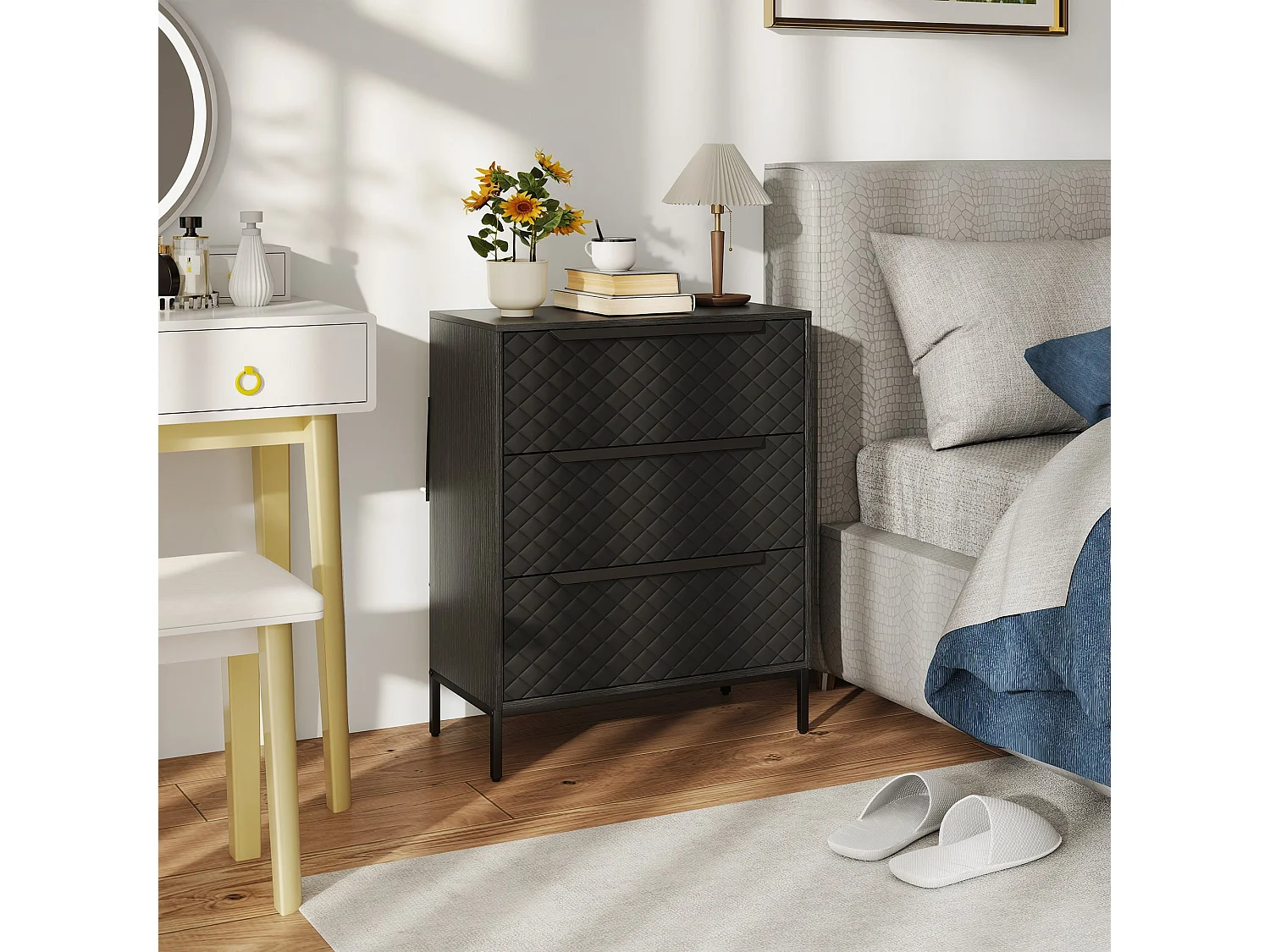 Salimo 3 Drawer Fabric Dresser Black Metal Base