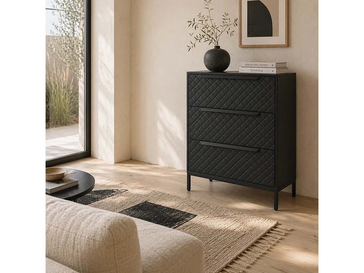 Salimo 3 Drawer Fabric Dresser Black Metal Base
