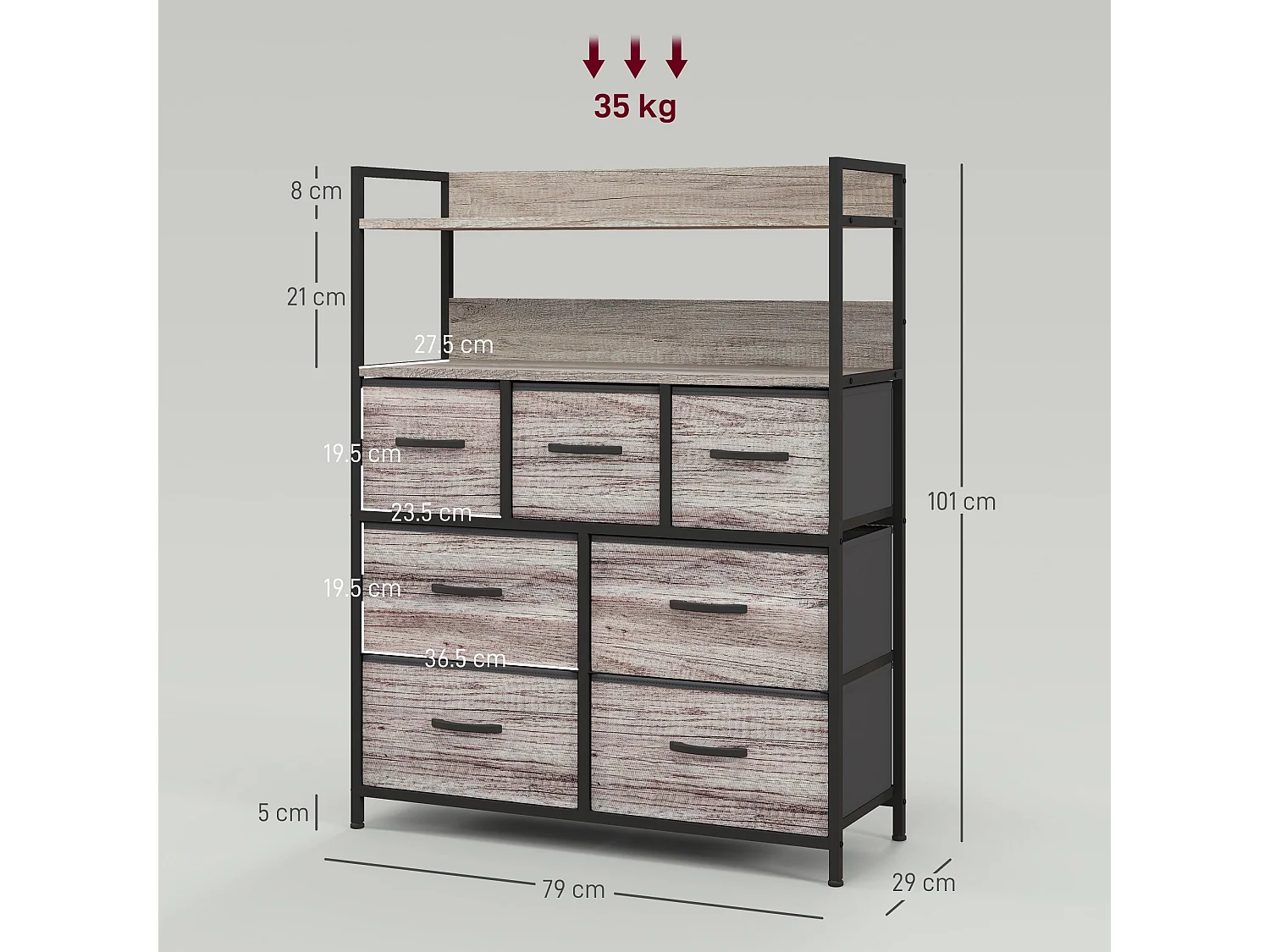 Norale 7 Drawer Fabric Dresser Grey Wood Effect Rustic Storage Chest
