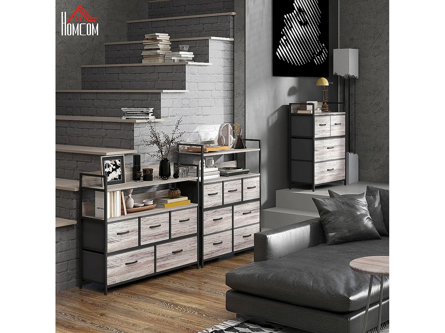 Norale 7 Drawer Fabric Dresser Grey Wood Effect Rustic Storage Chest