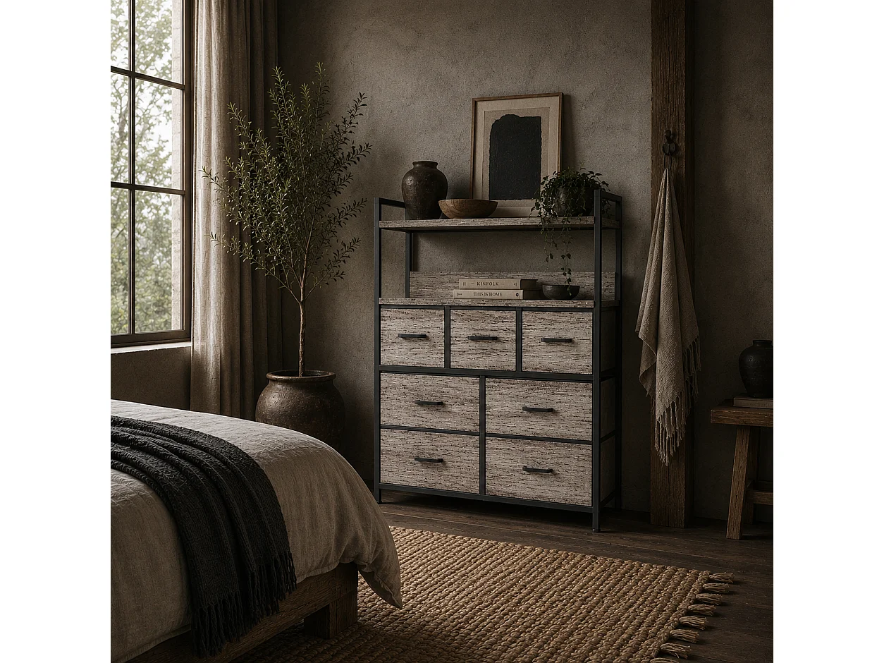 Norale 7 Drawer Fabric Dresser Grey Wood Effect Rustic Storage Chest