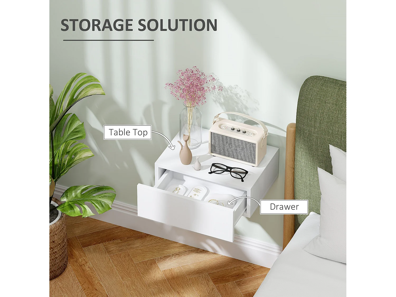 Sosa White Wall Mounted Floating Bedside Table with Drawer