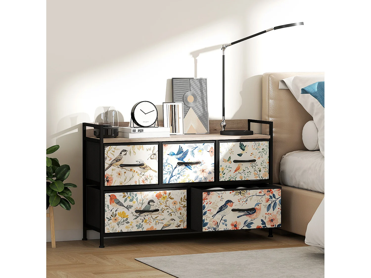 Tonona 5 Drawer White Fabric Dresser Wood Effect Top