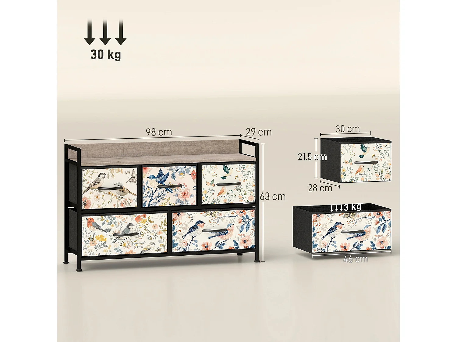 Tonona 5 Drawer White Fabric Dresser Wood Effect Top