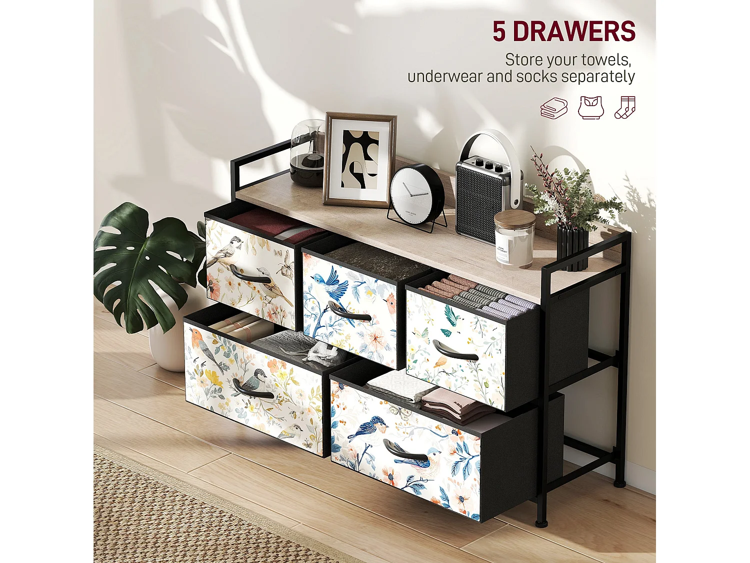 Tonona 5 Drawer White Fabric Dresser Wood Effect Top
