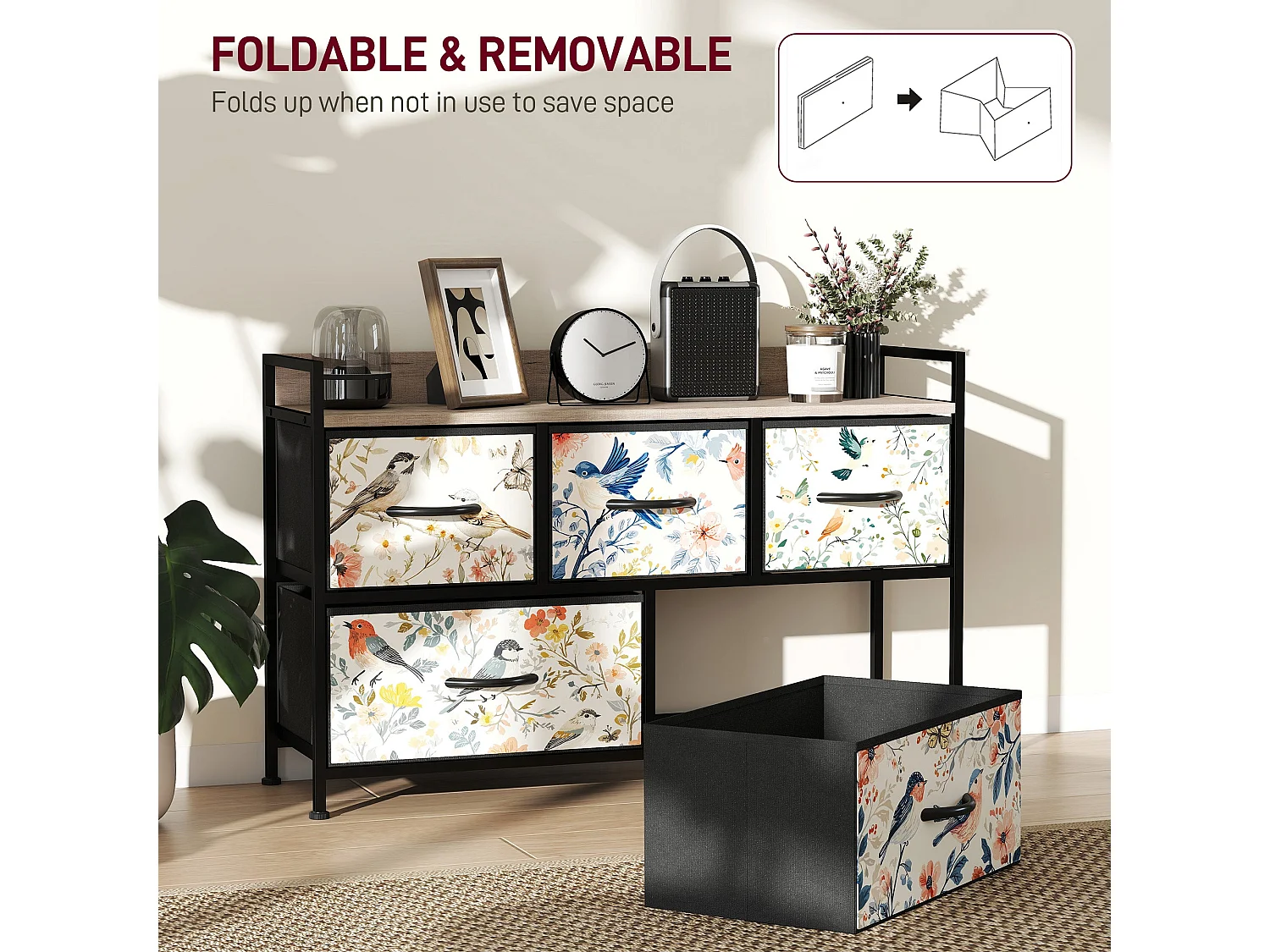 Tonona 5 Drawer White Fabric Dresser Wood Effect Top