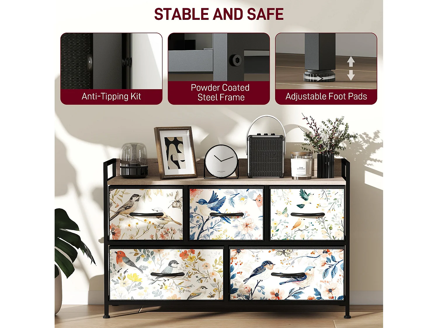 Tonona 5 Drawer White Fabric Dresser Wood Effect Top