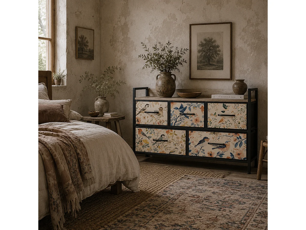 Tonona 5 Drawer White Fabric Dresser Wood Effect Top