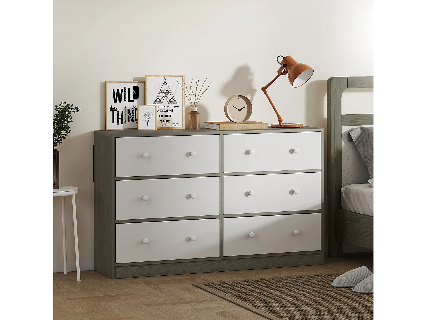 Nafiso 6 Drawer Fabric and Wood Effect Storage Dresser White and Grey