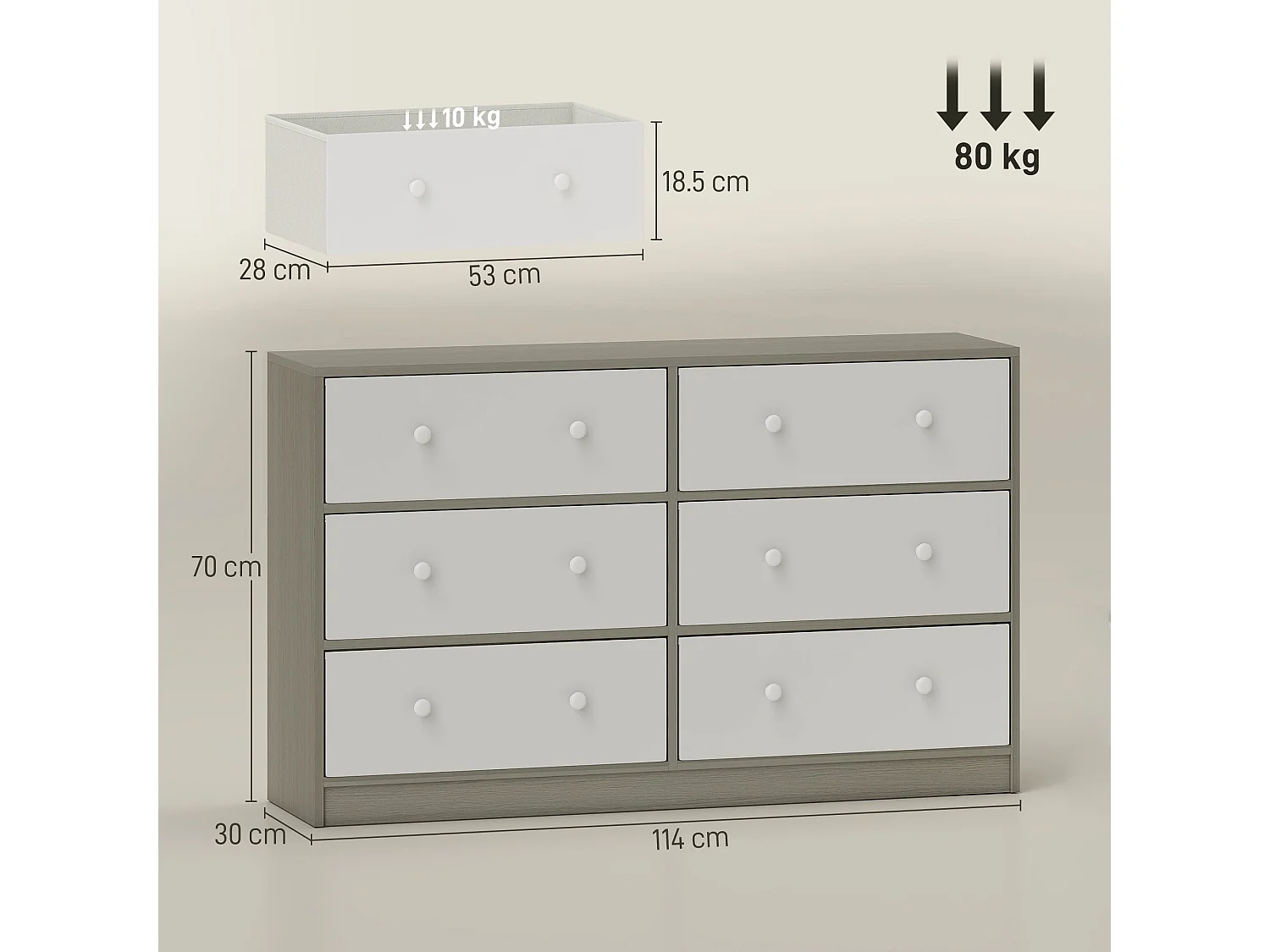 Nafiso 6 Drawer Fabric and Wood Effect Storage Dresser White and Grey