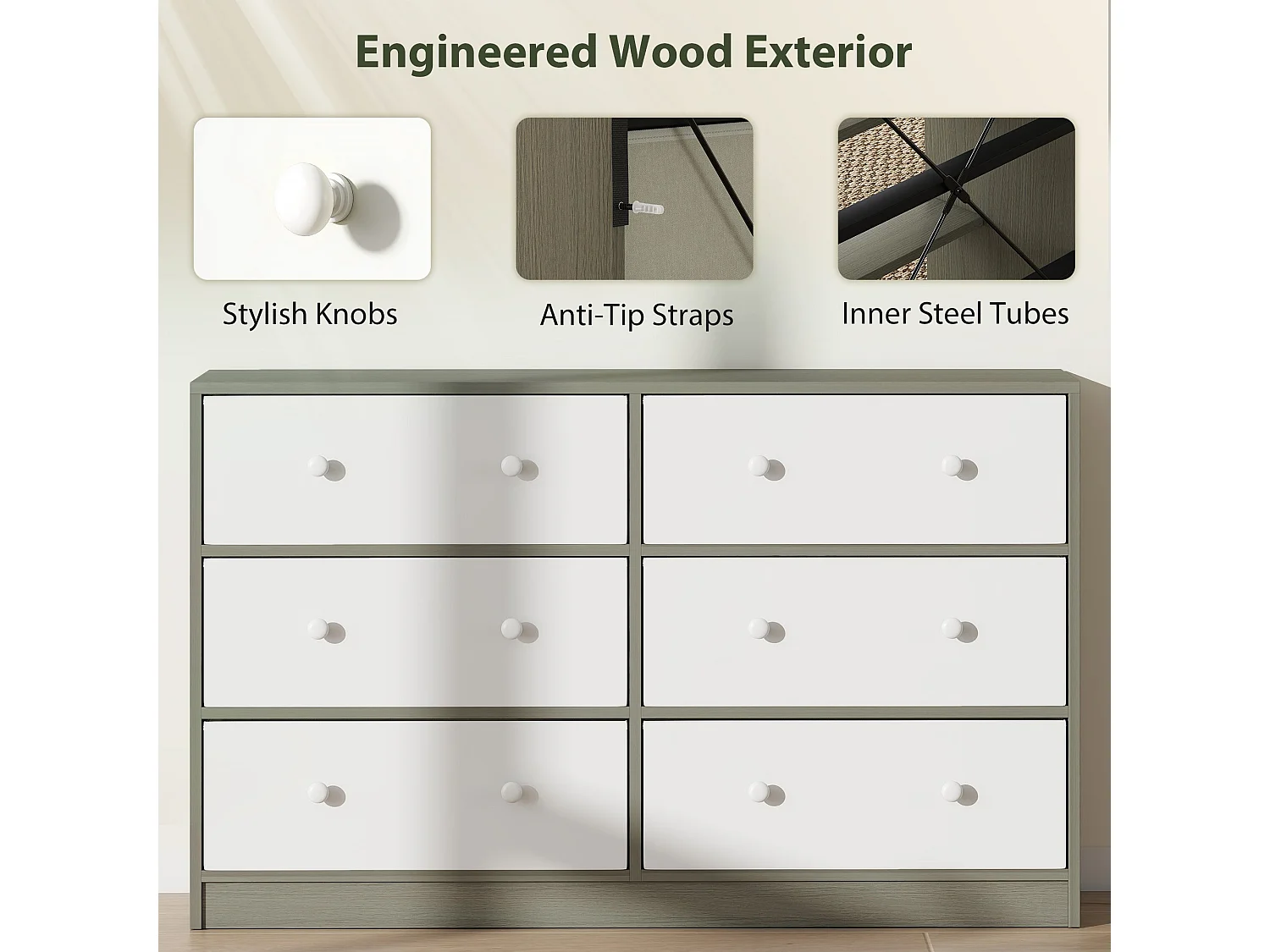 Nafiso 6 Drawer Fabric and Wood Effect Storage Dresser White and Grey