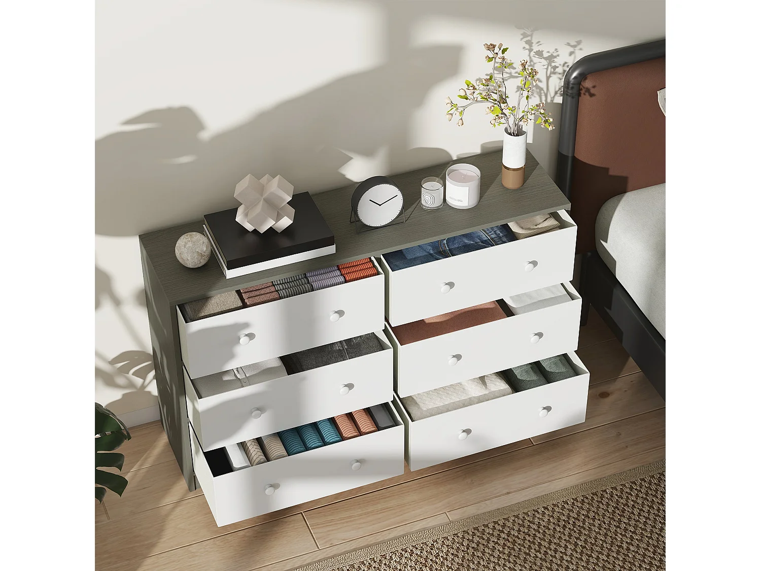 Nafiso 6 Drawer Fabric and Wood Effect Storage Dresser White and Grey