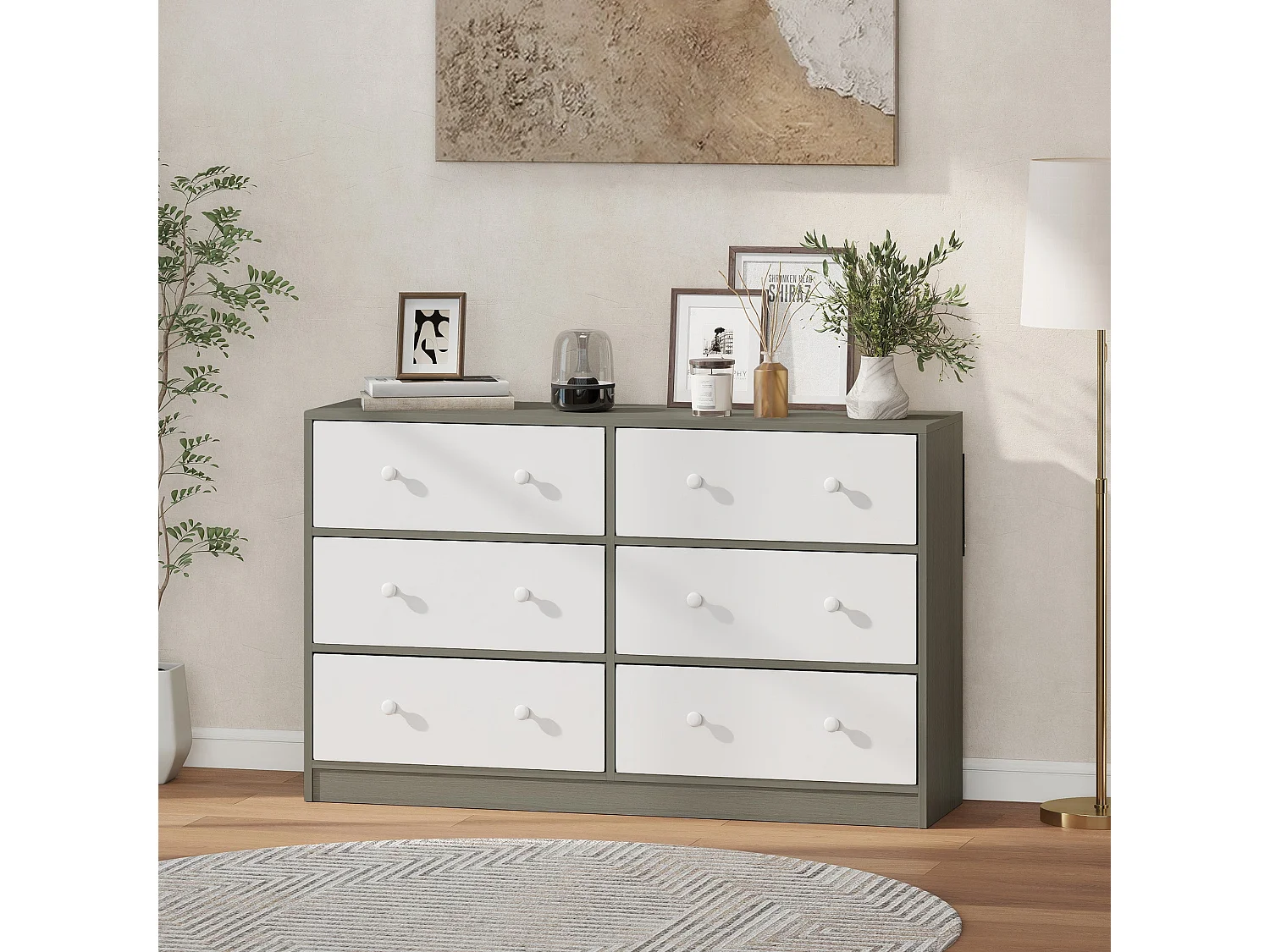 Nafiso 6 Drawer Fabric and Wood Effect Storage Dresser White and Grey