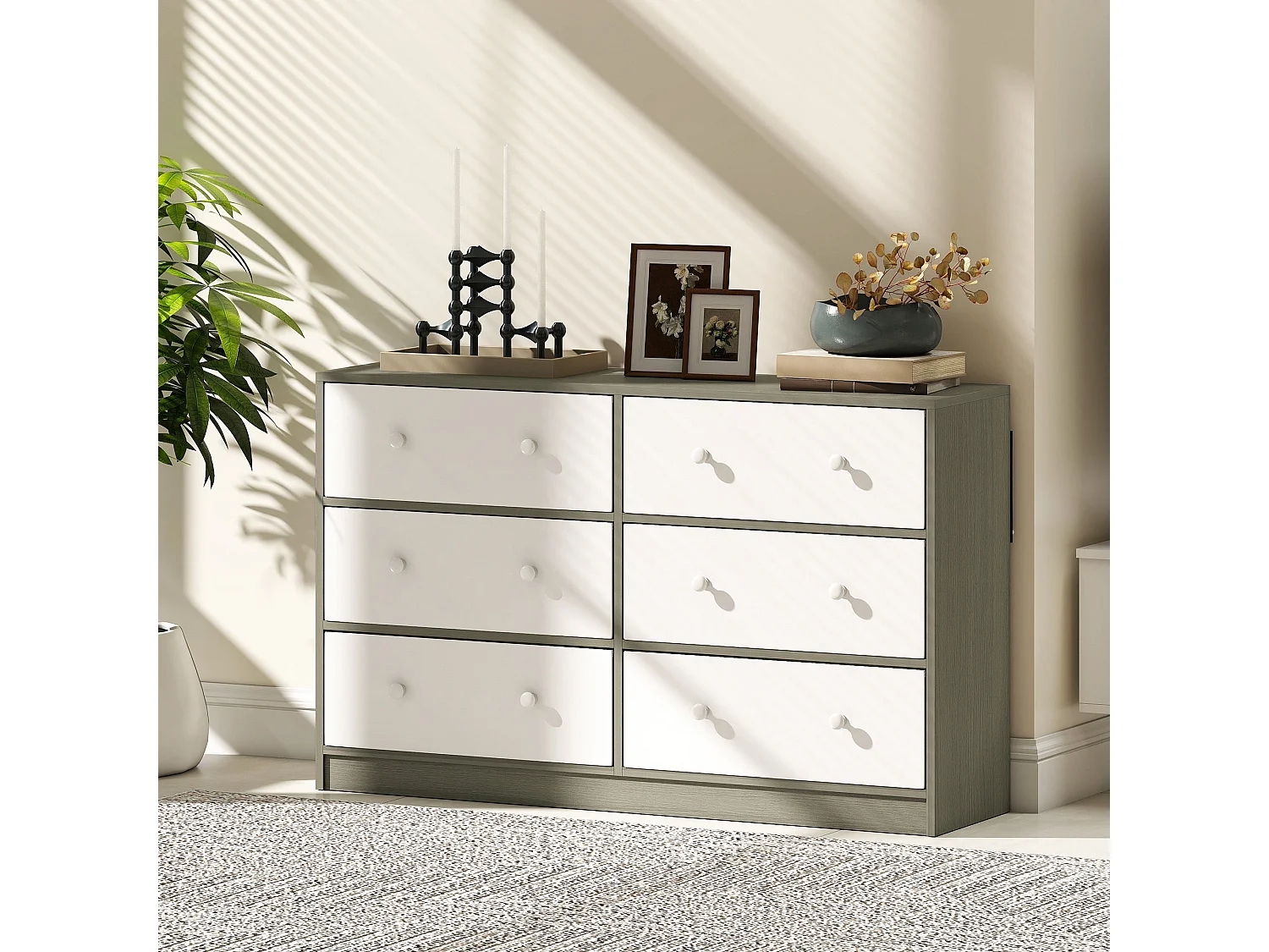 Nafiso 6 Drawer Fabric and Wood Effect Storage Dresser White and Grey