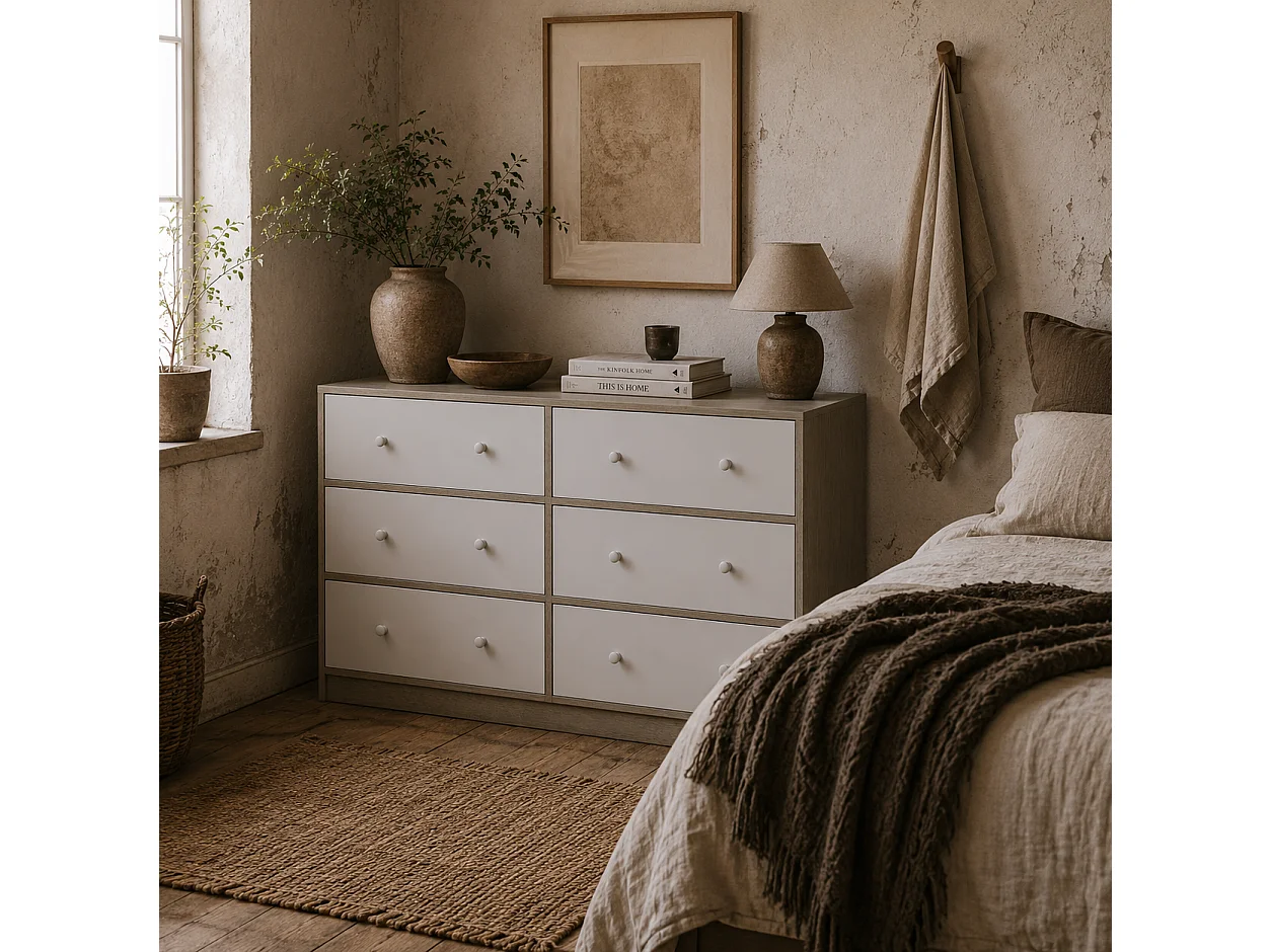 Nafiso 6 Drawer Fabric and Wood Effect Storage Dresser White and Grey