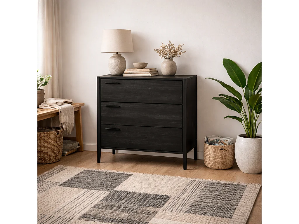 Ireland 3 Drawer Chest Black Wood Effect Matt Black Metal Frame