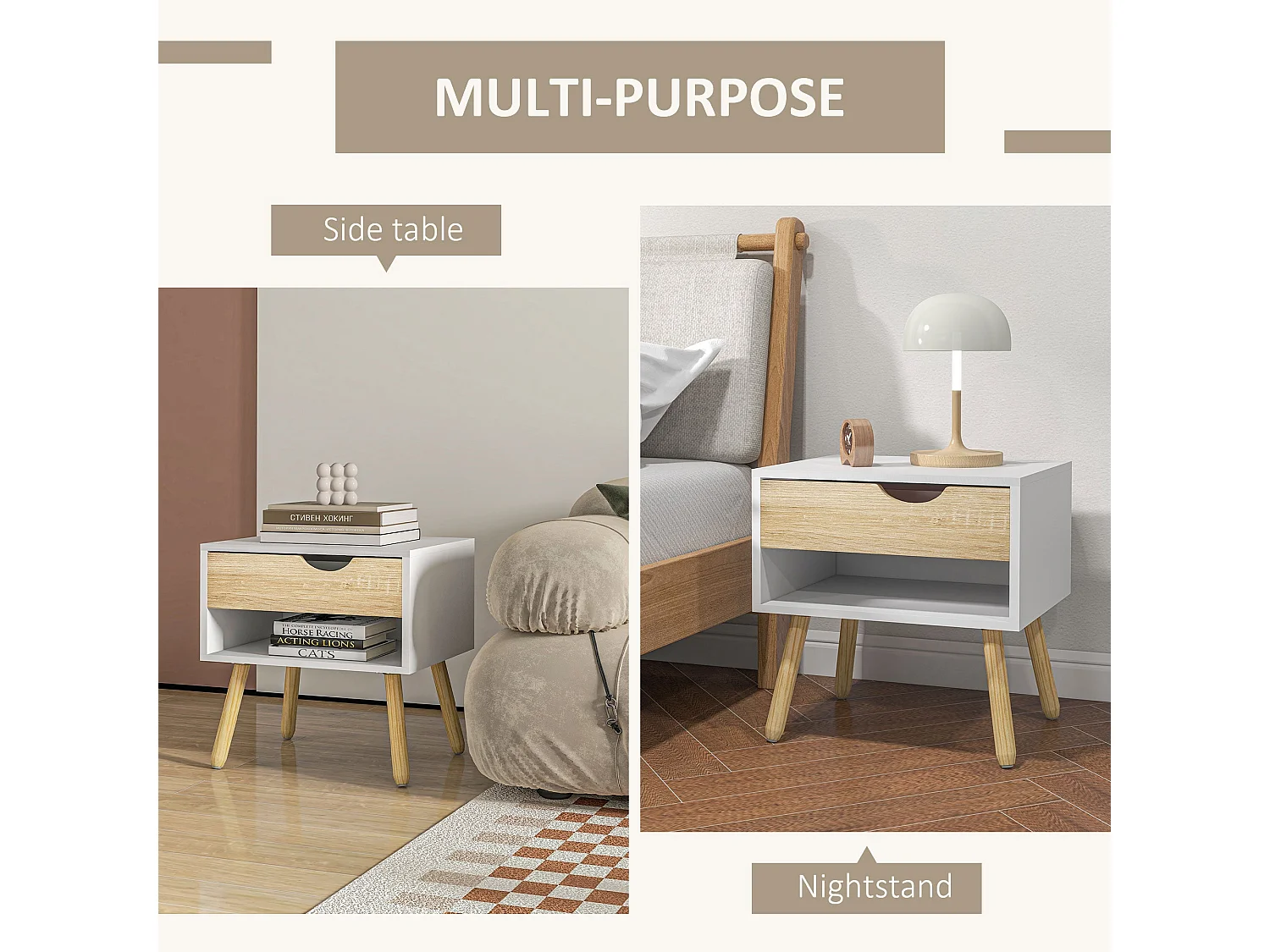 Leel Set of 2 Oak and White Bedside Tables with Drawer and Shelf