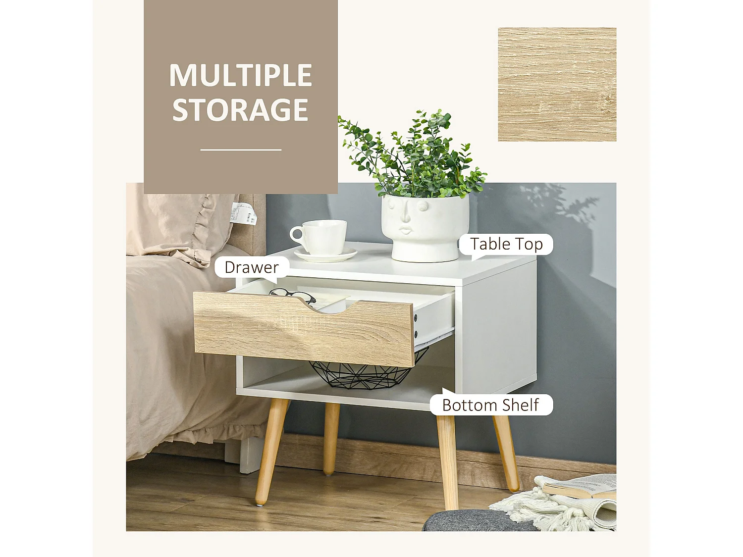 Leel Set of 2 Oak and White Bedside Tables with Drawer and Shelf