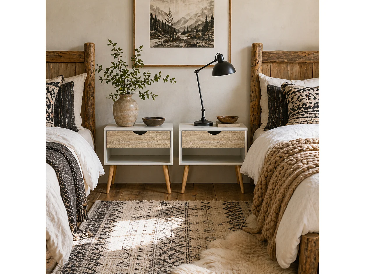 Leel Set of 2 Oak and White Bedside Tables with Drawer and Shelf