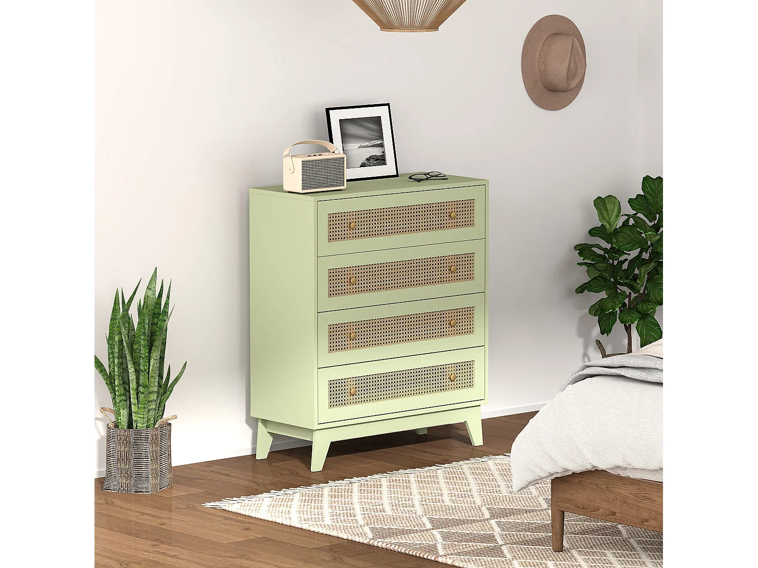 Raritte Light Green 4 Drawer Dresser with Rattan Style Panels