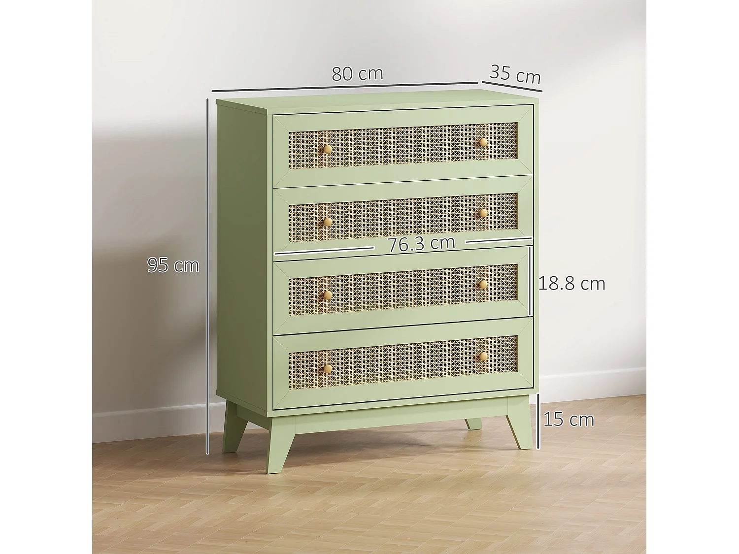 Raritte Light Green 4 Drawer Dresser with Rattan Style Panels