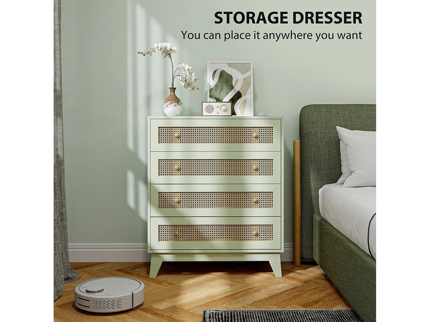 Raritte Light Green 4 Drawer Dresser with Rattan Style Panels