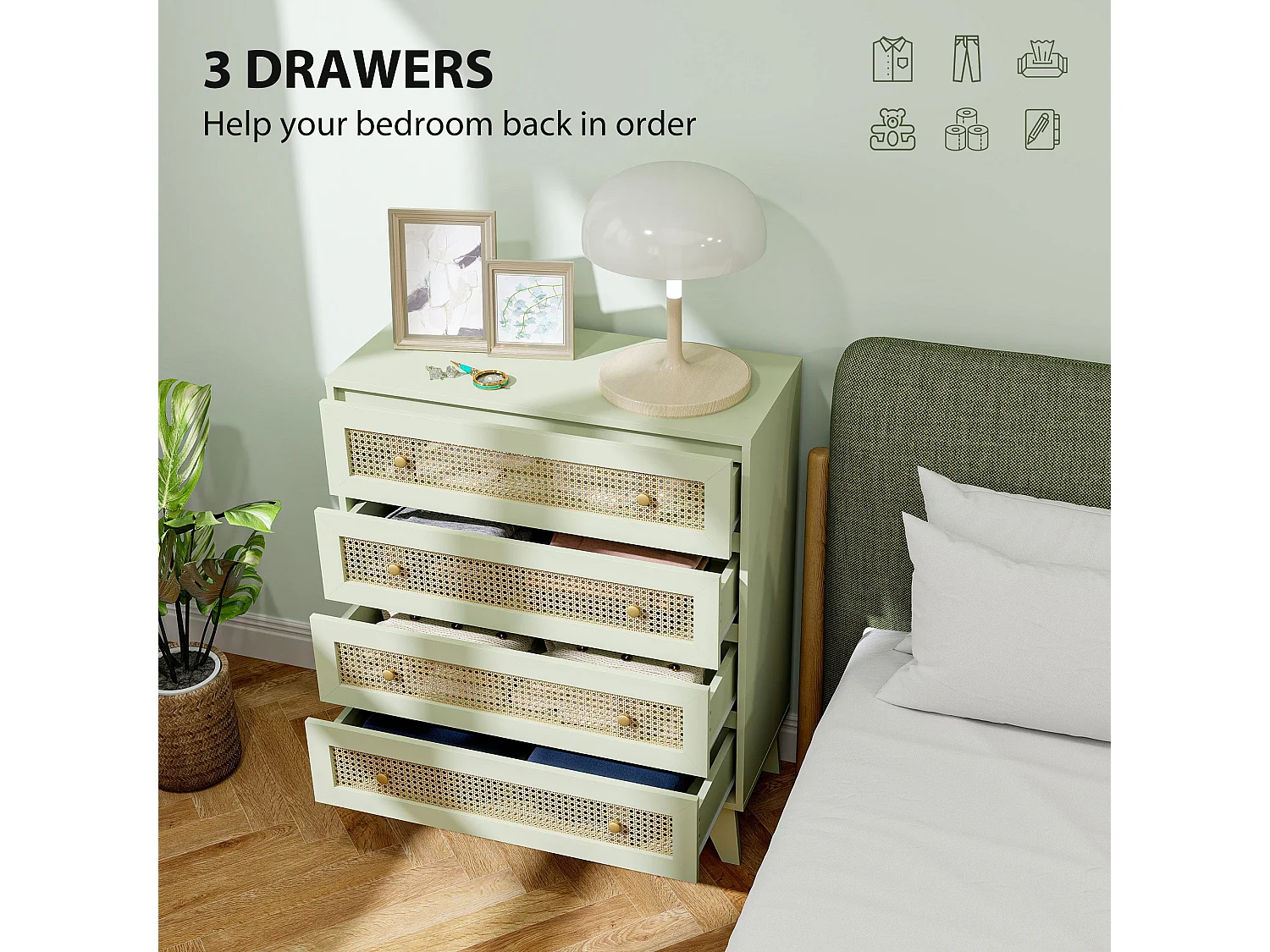 Raritte Light Green 4 Drawer Dresser with Rattan Style Panels