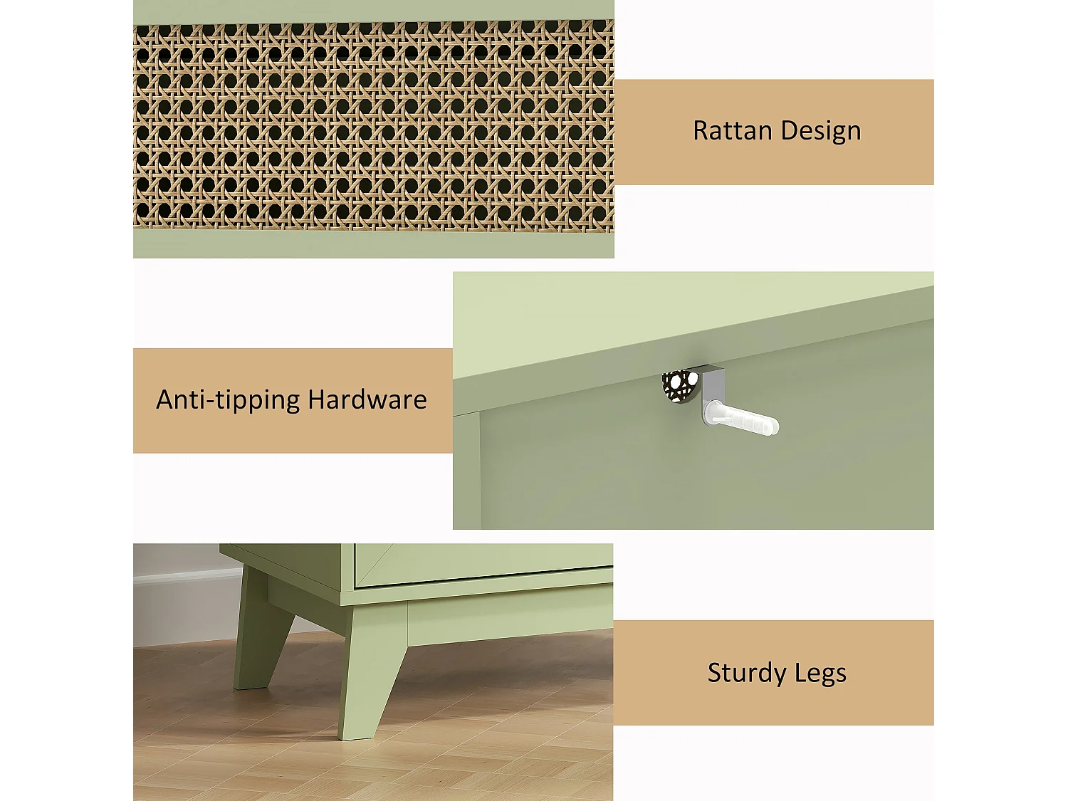 Raritte Light Green 4 Drawer Dresser with Rattan Style Panels