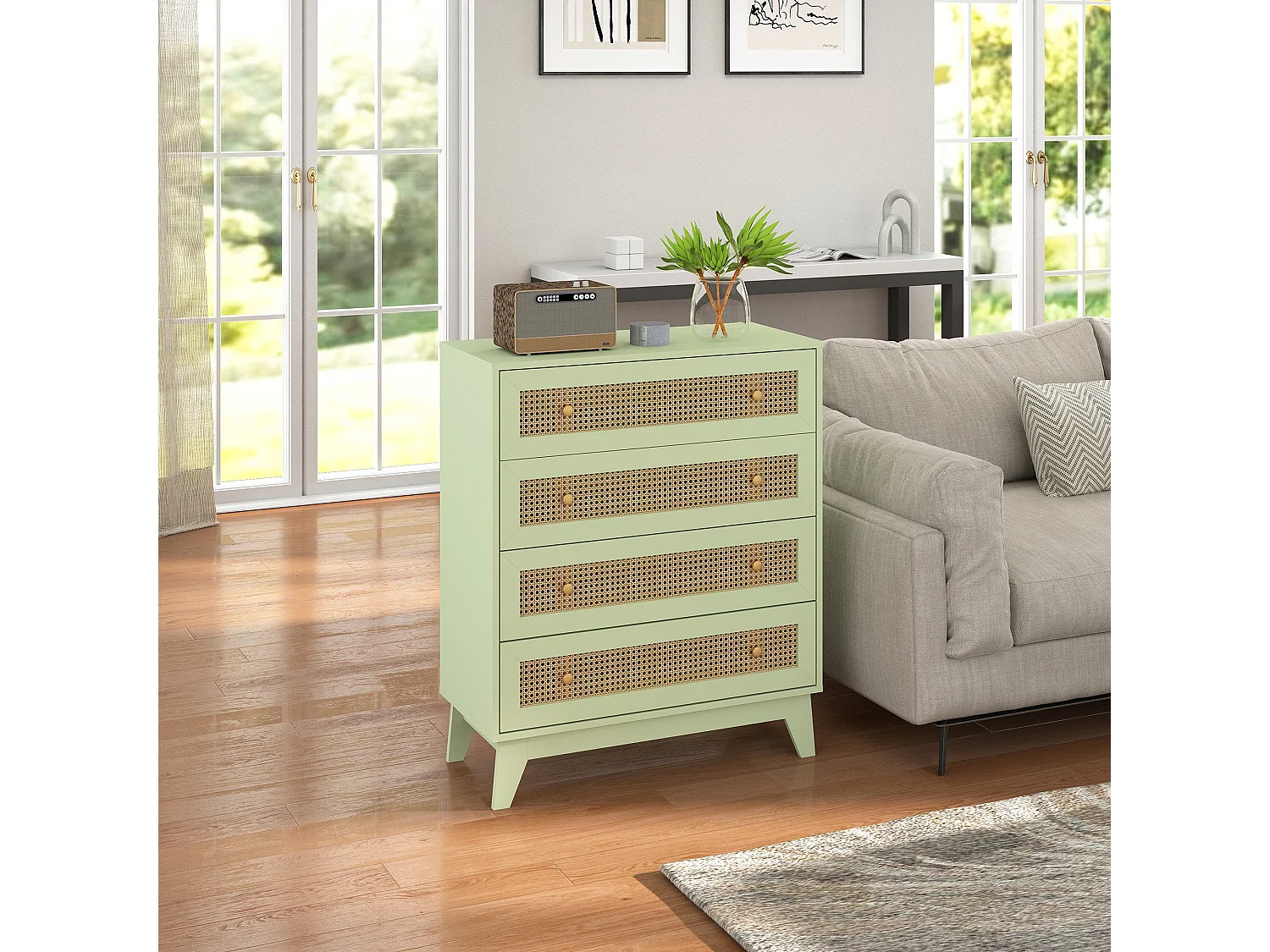 Raritte Light Green 4 Drawer Dresser with Rattan Style Panels