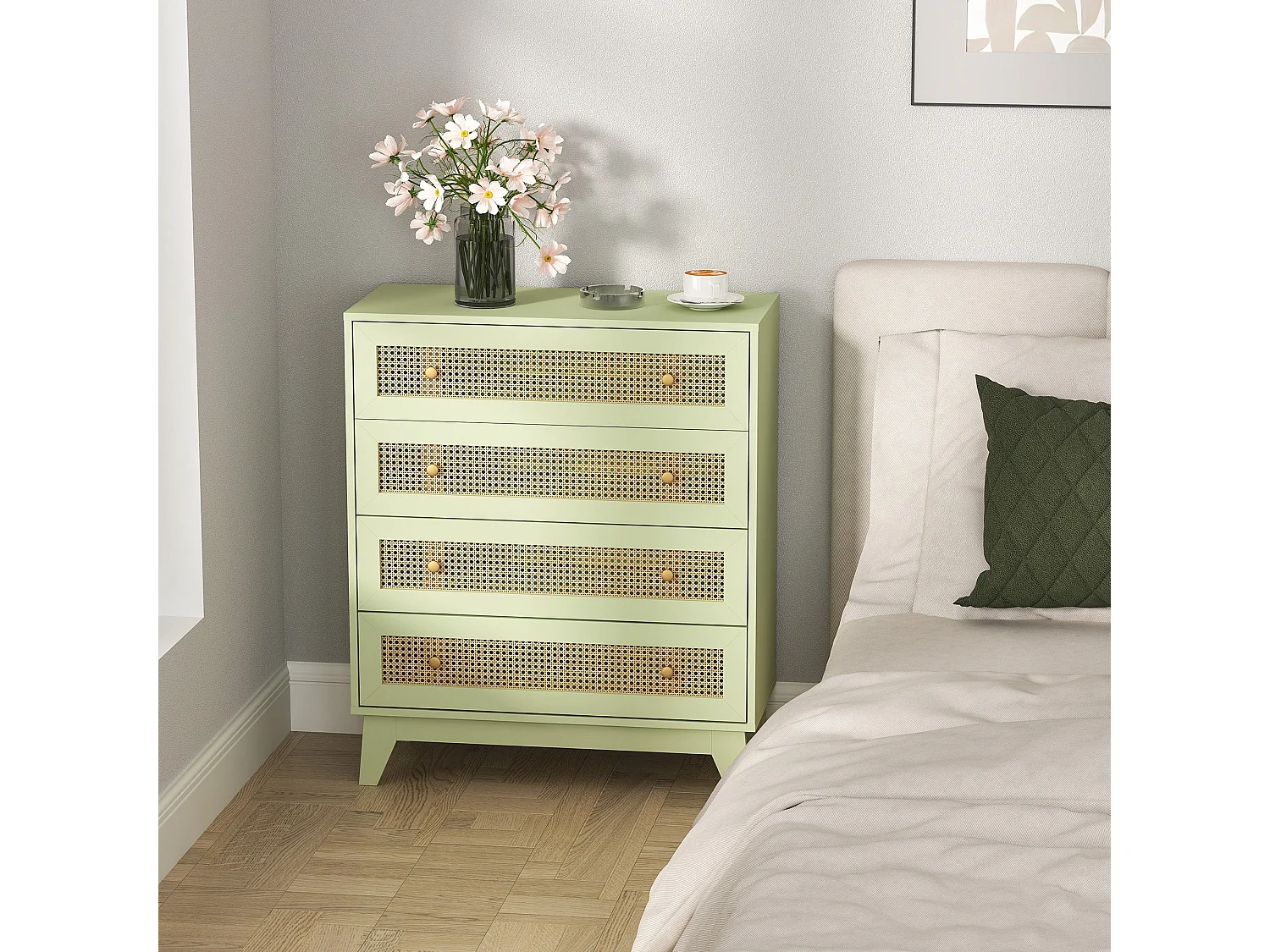 Raritte Light Green 4 Drawer Dresser with Rattan Style Panels