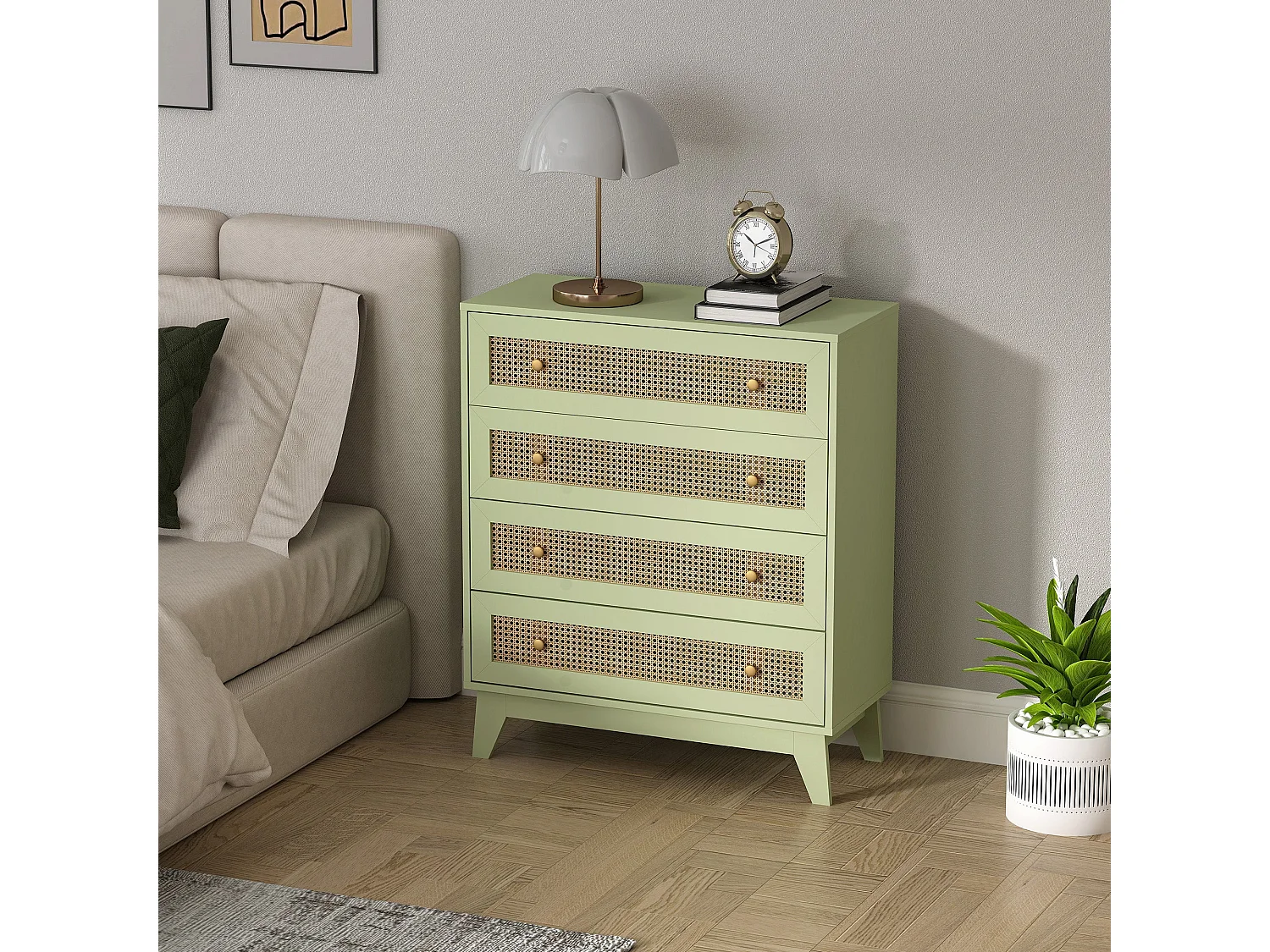 Raritte Light Green 4 Drawer Dresser with Rattan Style Panels