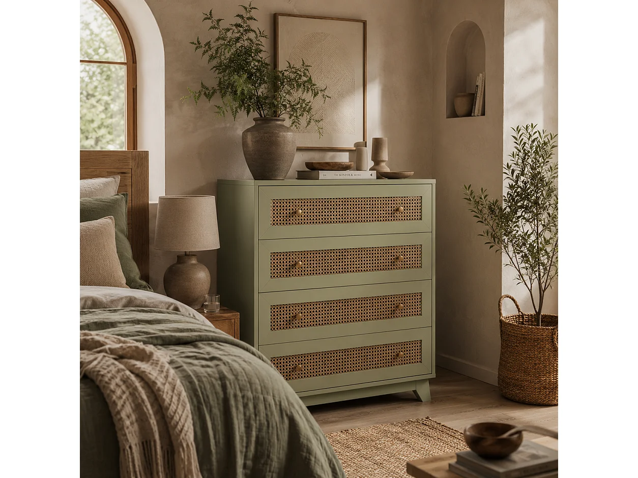 Raritte Light Green 4 Drawer Dresser with Rattan Style Panels