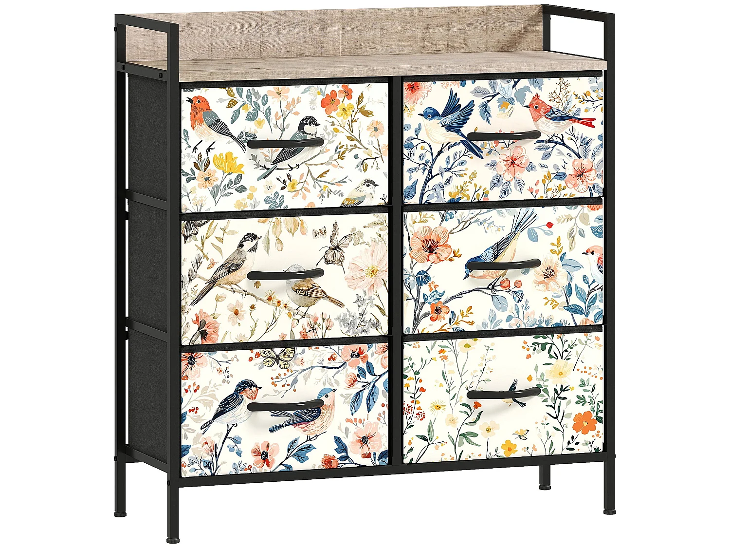 Tonona 6 Drawer White Fabric Chest Wood Effect Top Steel Frame