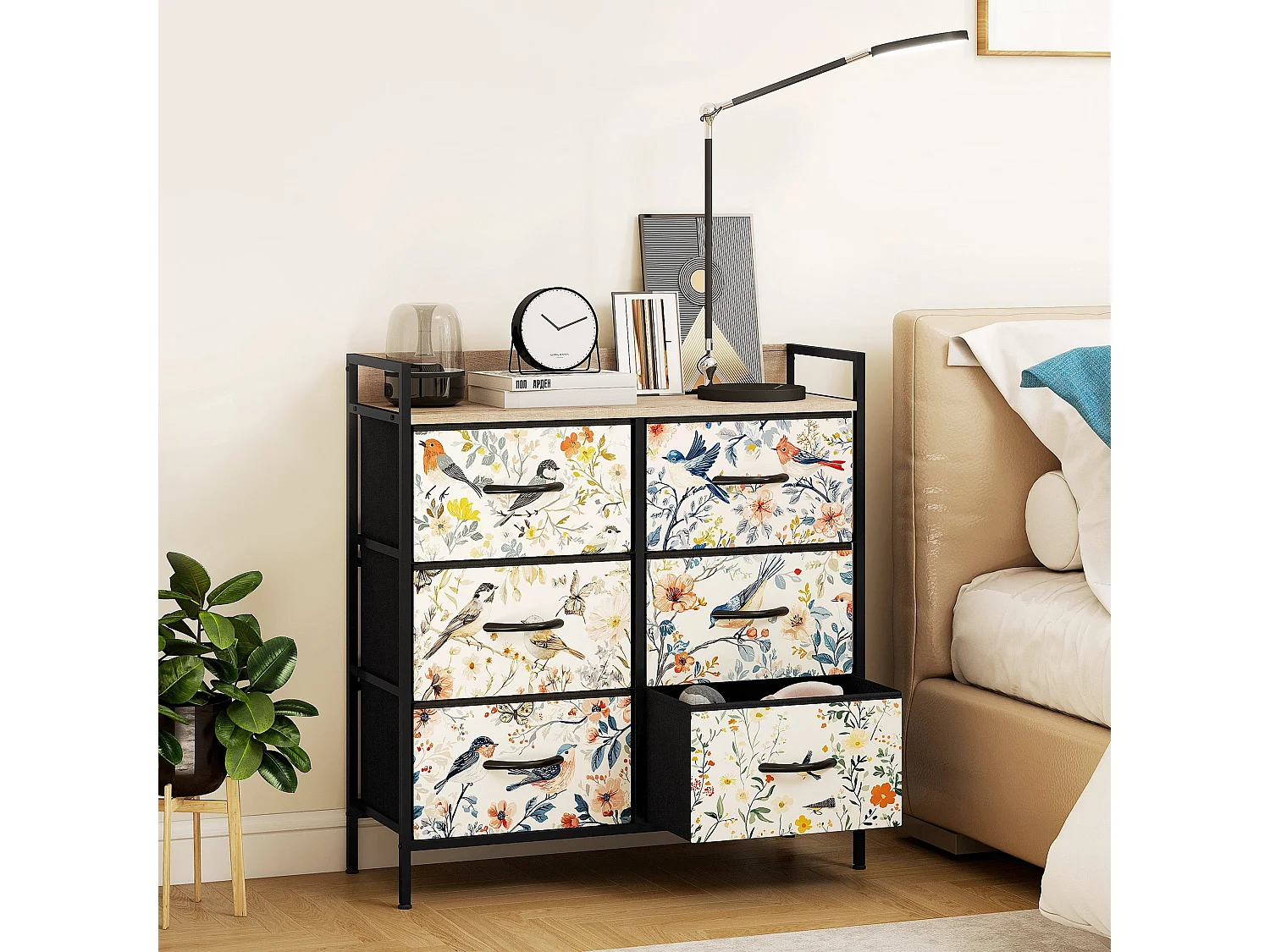 Tonona 6 Drawer White Fabric Chest Wood Effect Top Steel Frame