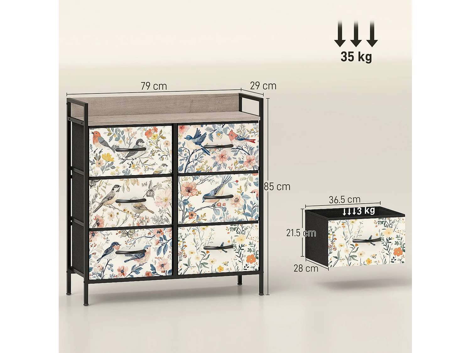 Tonona 6 Drawer White Fabric Chest Wood Effect Top Steel Frame