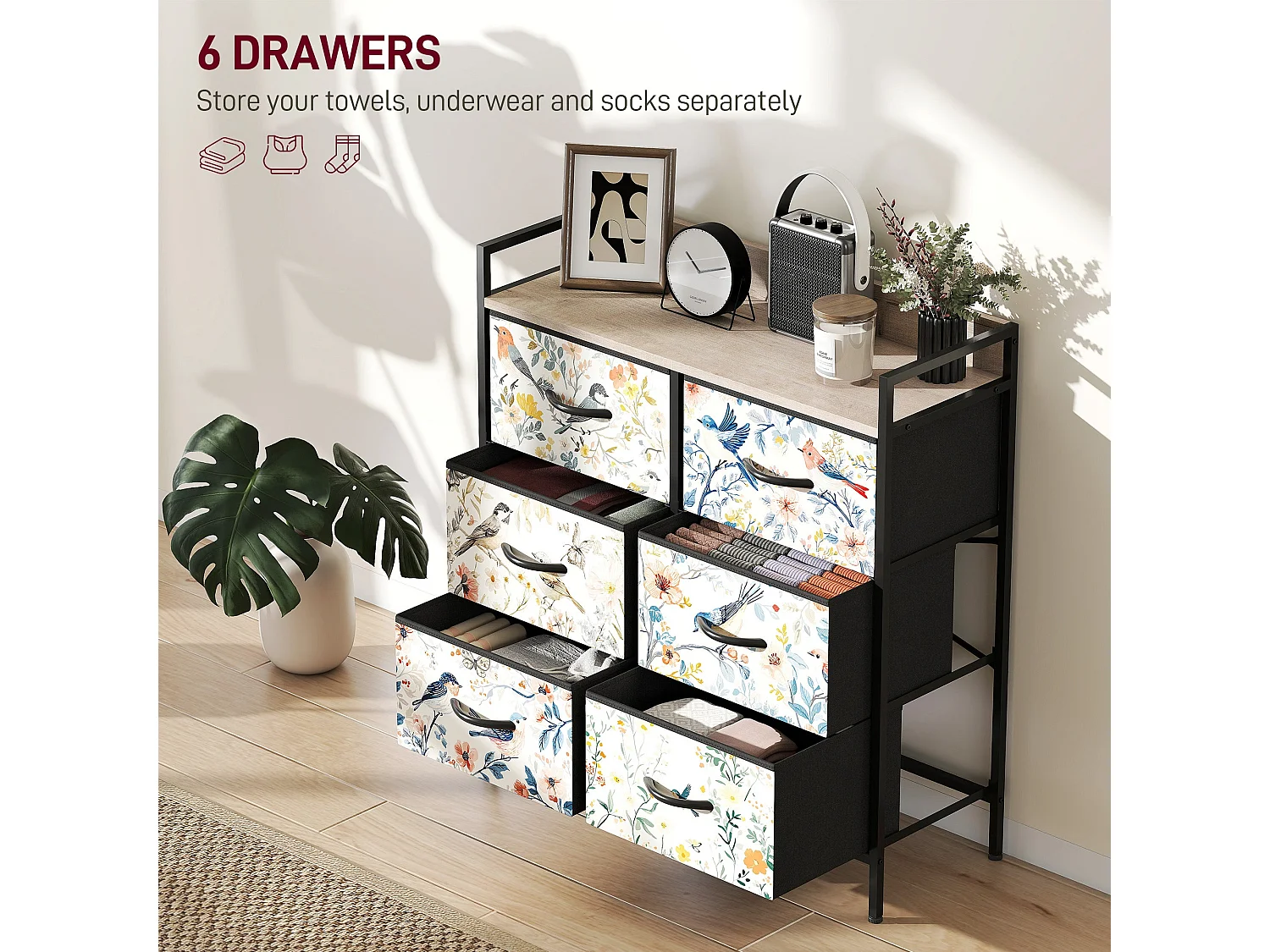 Tonona 6 Drawer White Fabric Chest Wood Effect Top Steel Frame