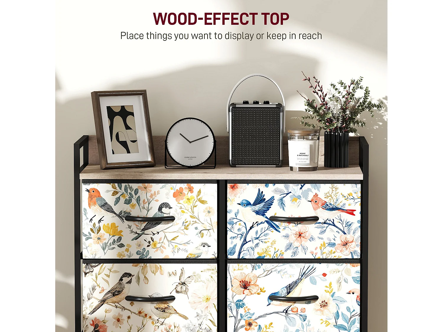Tonona 6 Drawer White Fabric Chest Wood Effect Top Steel Frame
