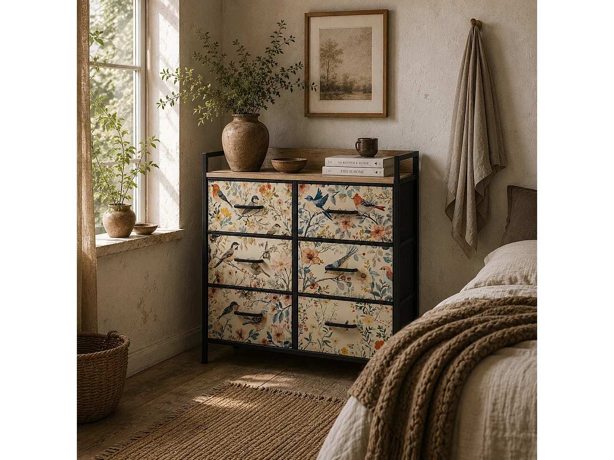 Tonona 6 Drawer White Fabric Chest Wood Effect Top Steel Frame