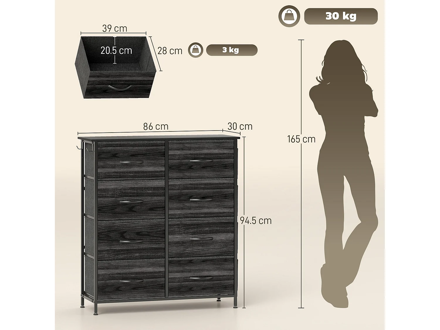 Elzi Fabric and Metal 8 Drawer Storage Chest Black
