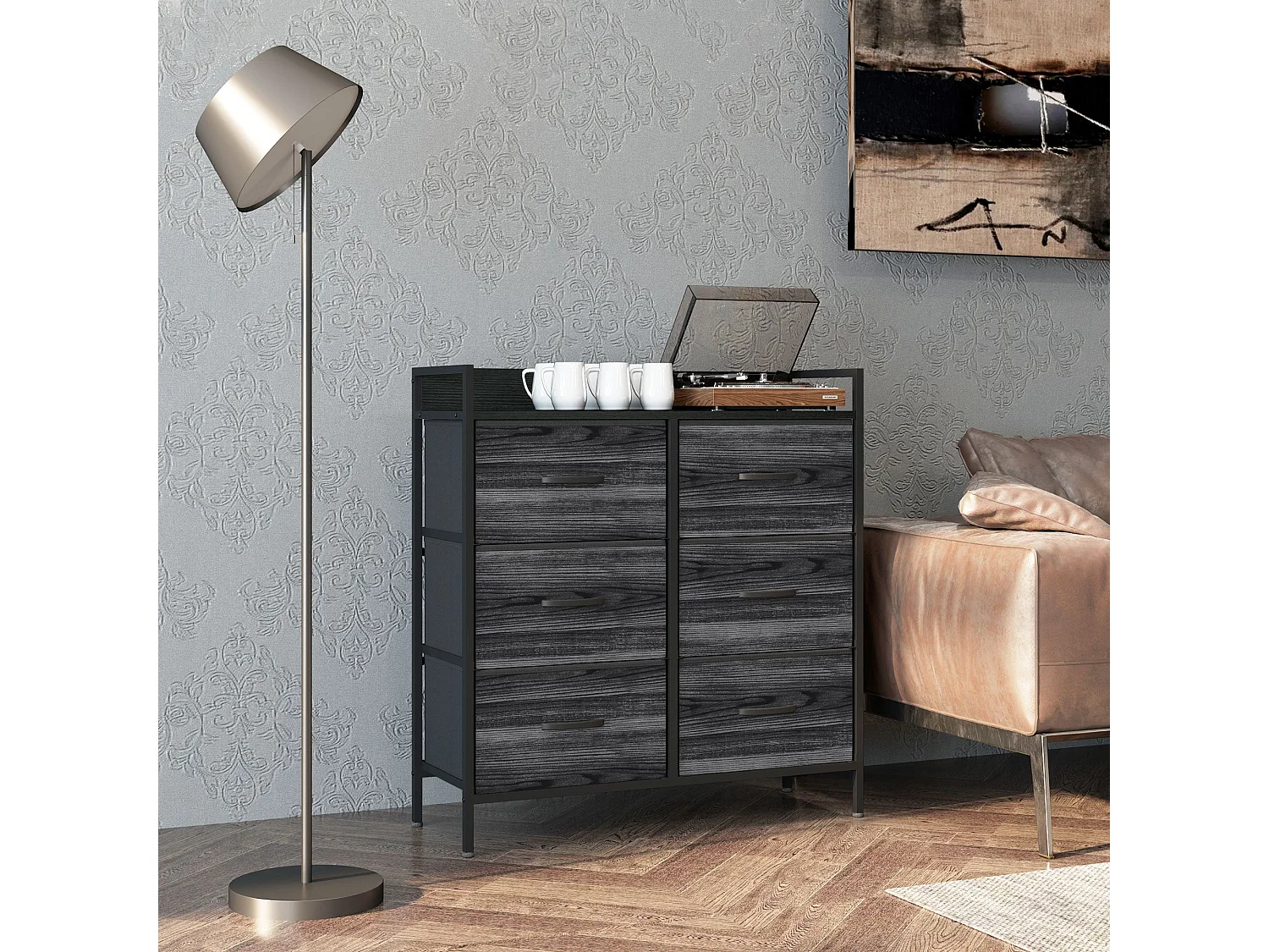 Basa 6 Drawer Fabric Chest Black Industrial Rustic Storage