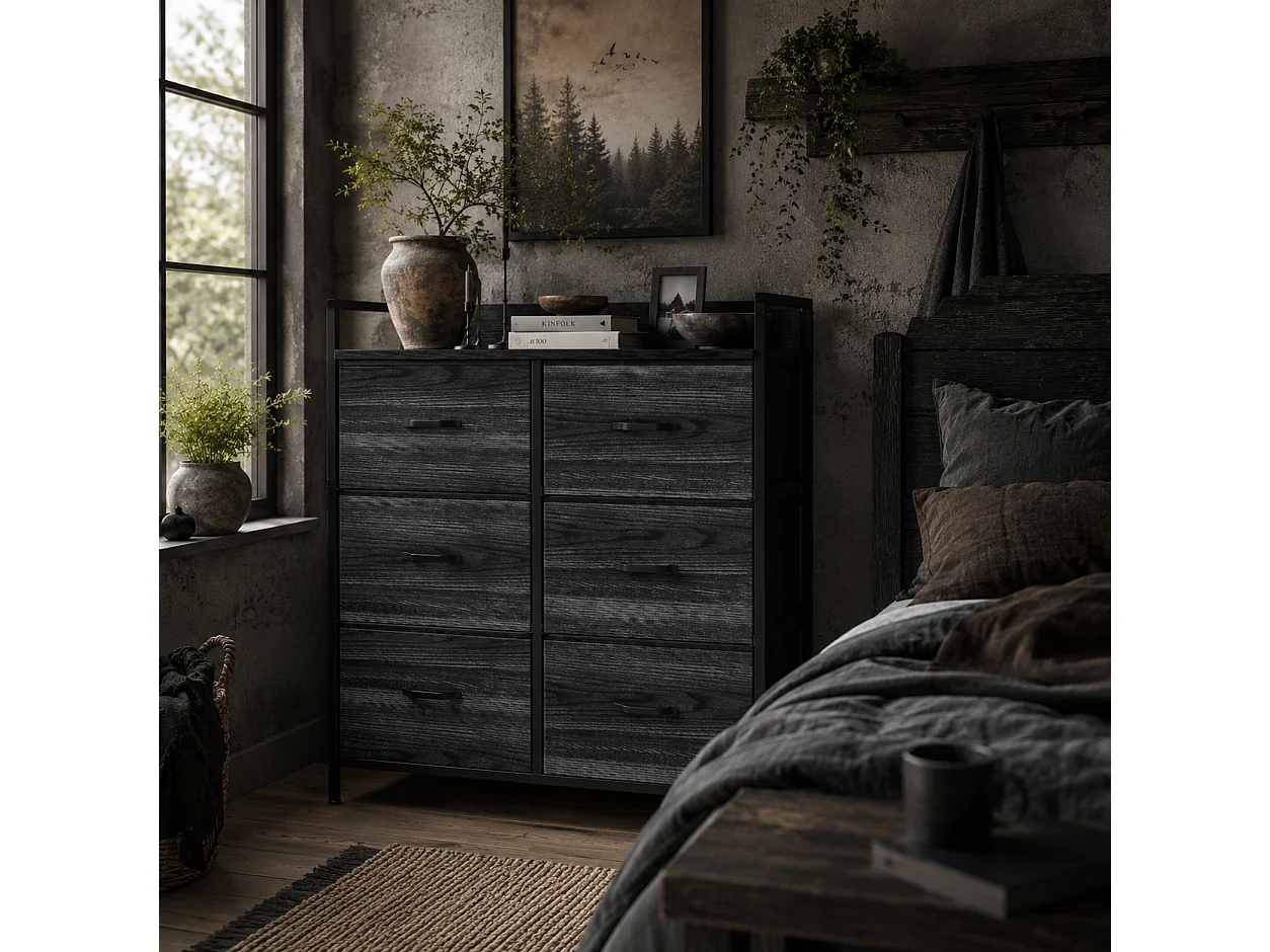 Basa 6 Drawer Fabric Chest Black Industrial Rustic Storage