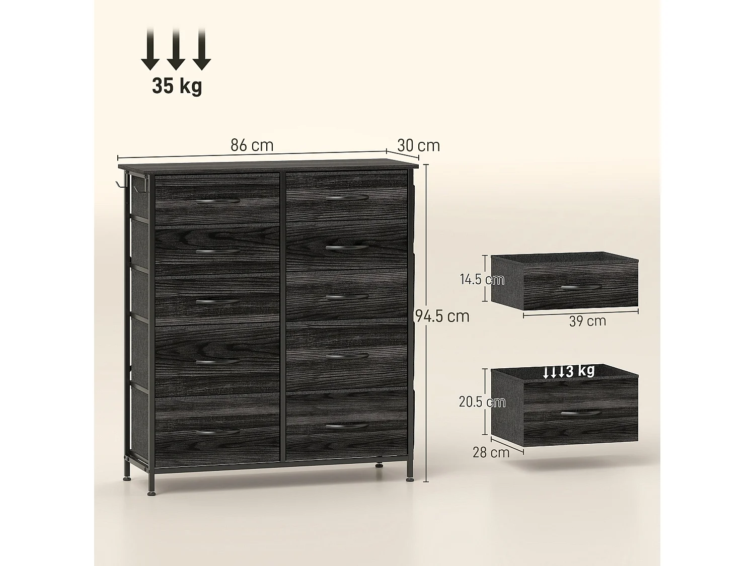 Mirizi Black Fabric and Steel 10 Drawer Storage Chest