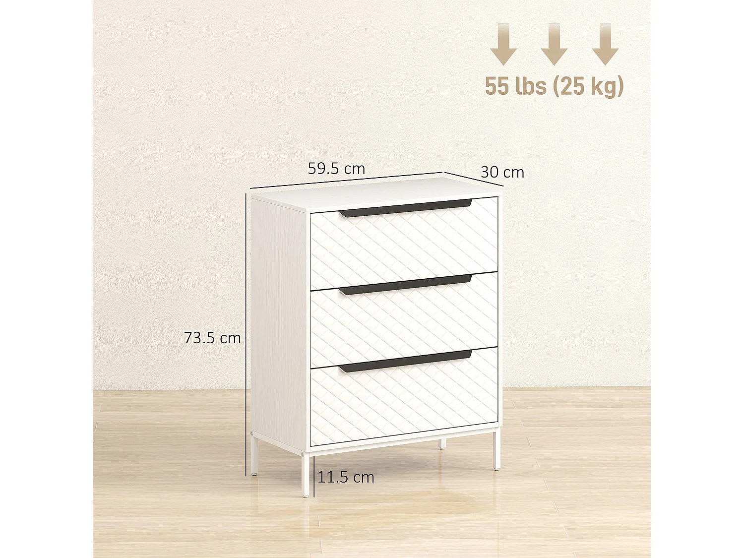 Kakara 3 Drawer Fabric Dresser White MDF Frame Metal Base Foldable Drawers