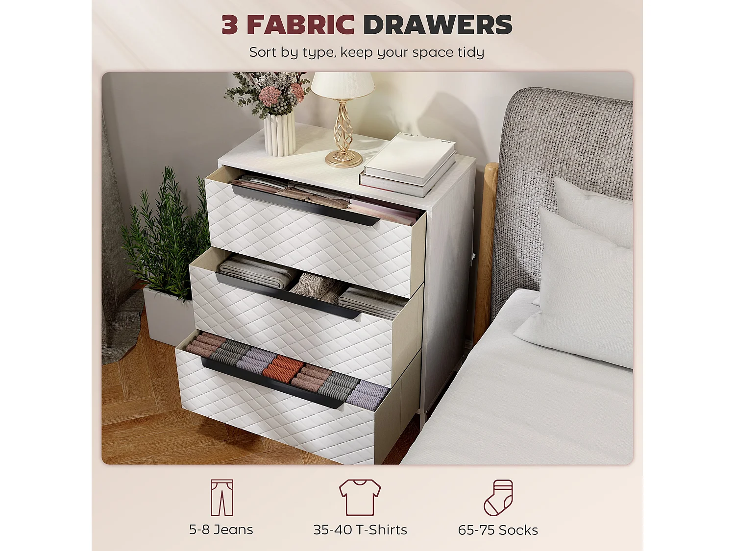 Kakara 3 Drawer Fabric Dresser White MDF Frame Metal Base Foldable Drawers